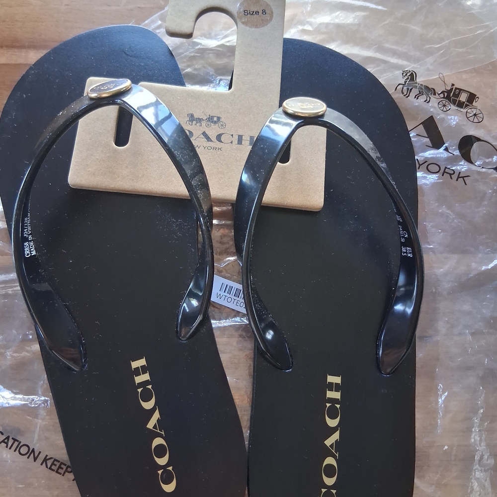 Coach New Black Flip Flops Black Glossy Size 8